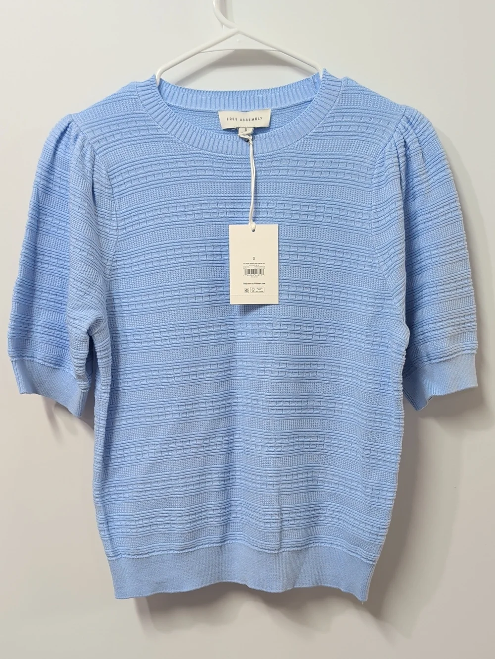 Free Assembly Polished Blue Puff Sleeve Knit Sweater Tee Size Small